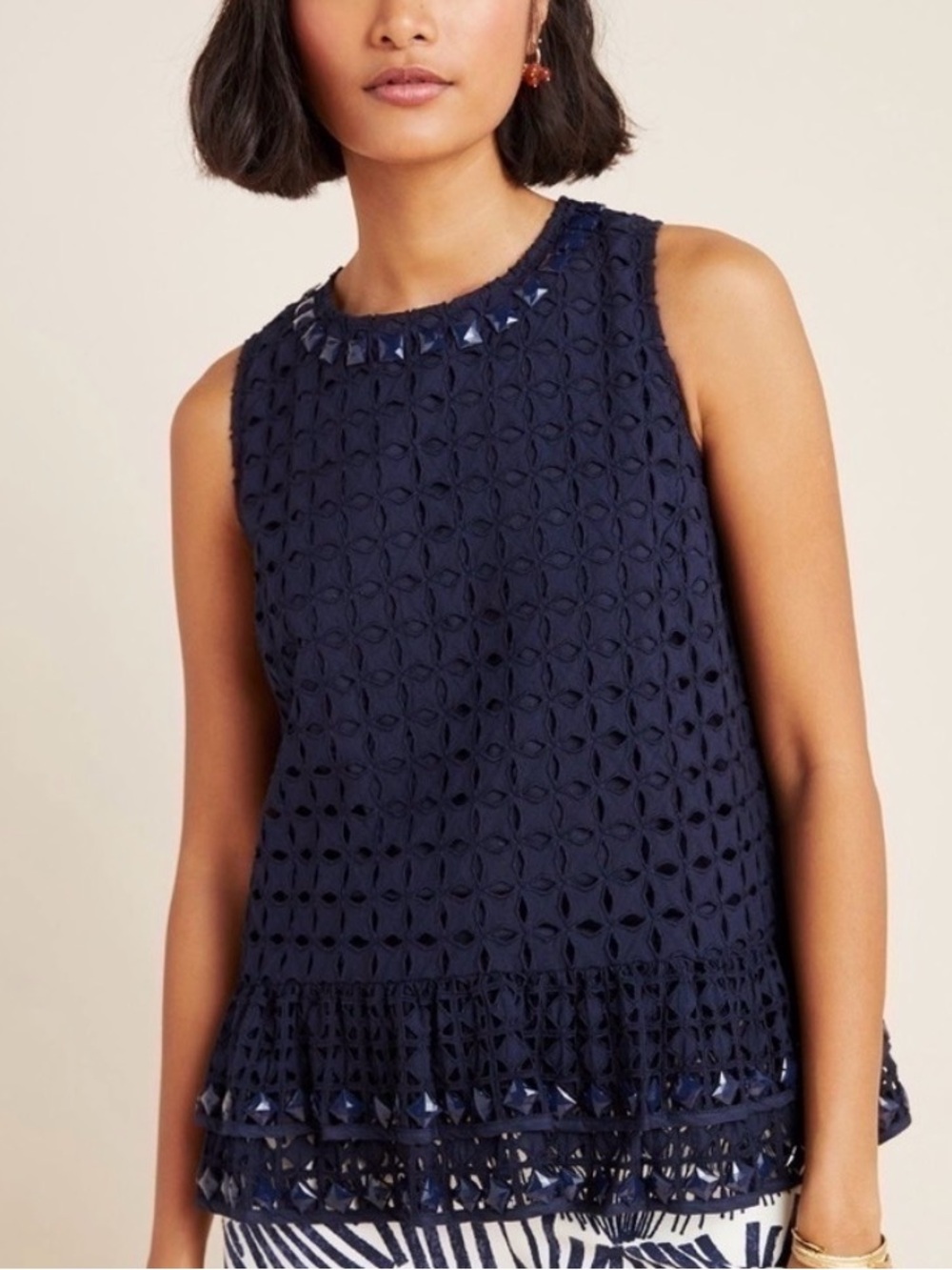Maeve Anthropologie Navy Eyelet Embellished Beaded Ruffle Hem Top Medium